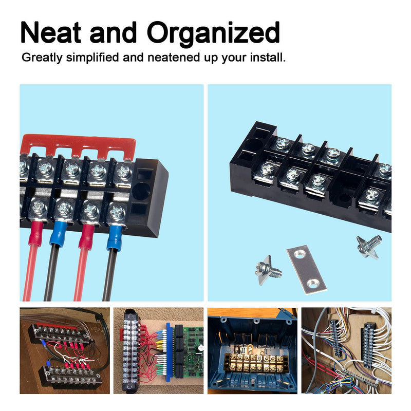 MILAPEAK Terminal Block and Strip - 6 Sets 8/10/12 Positions 600V 25A Dual Row Wire Screw Terminal Strip Block with Cover + 400V 25A Pre-Insulated Terminals Barrier Strips Jumpers (Black & Red) 25A 8/10/12P+Jumpers