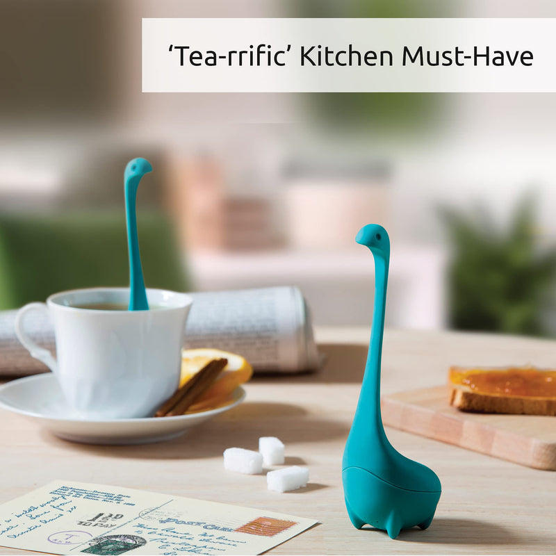 OTOTO Baby Nessie Loose Leaf Tea Infuser (Turquoise) - Dinosaur Tea Infuser Strainer with Steeping Spoon - Long Handle Neck, Cute Ball Body Lake Monster Silicone Tea Infuser for Loose Leaf Herbal Tea Turquoise