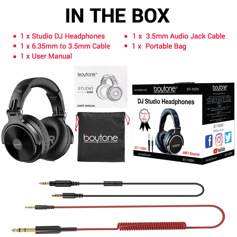 [AUSTRALIA] - Boytone BT-10BK Wired Over Ear Headphones Studio Monitor & Mixing DJ Stereo Headsets with 50mm Drivers and 1/4 to 3.5mm Audio Jack for Audio Mixer Computer, Phone, Guitar, Laptop, Amplifire 