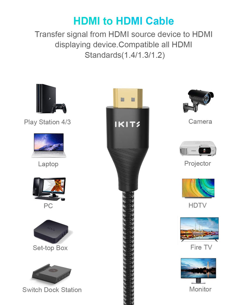 HDMI Cable 4K 6 Foot, IKITS HDMI 2.0 Cable 18Gbps High Speed HDMI Cable Braided-4K HDR, HDCP 2.2/1.4, 3D, 2160P, 1080P, Ethernet-Audio Return Compatible with UHD TV, Blu-ray, PS4/3, PC, Fire TV