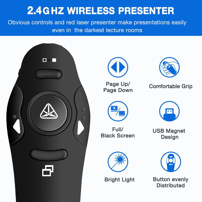 Rechargeable Presentation Clicker Wireless Presenter Remote USB Control Powerpoint PPT Clicker, Red Laser Pointer RF 2.4GHz Presenter Remote Google Slide Advancer for Computer/Laptop/Mac/Keynote Red Light&Rechargeable