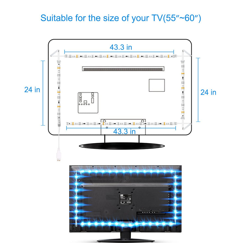 [AUSTRALIA] - TV Bias Lighting,LED Strip Light USB Powered for 55 to 60 Inches HDTV, TV Backlight Kit with 24keys Remote 20 Color Options and Dimmable LED Lights (55-60) 55-60 