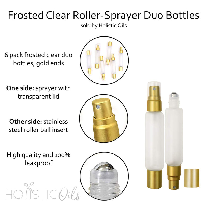 Essential Oil Roller-Sprayer Duo Bottles - Double Ended Stainless Steel Roller Ball / Fine Mist Sprayer, 10ml Frosted Clear Glass, Leak Proof, Smooth Application of Oils, 6 pack - Sold by Holistic Oils
