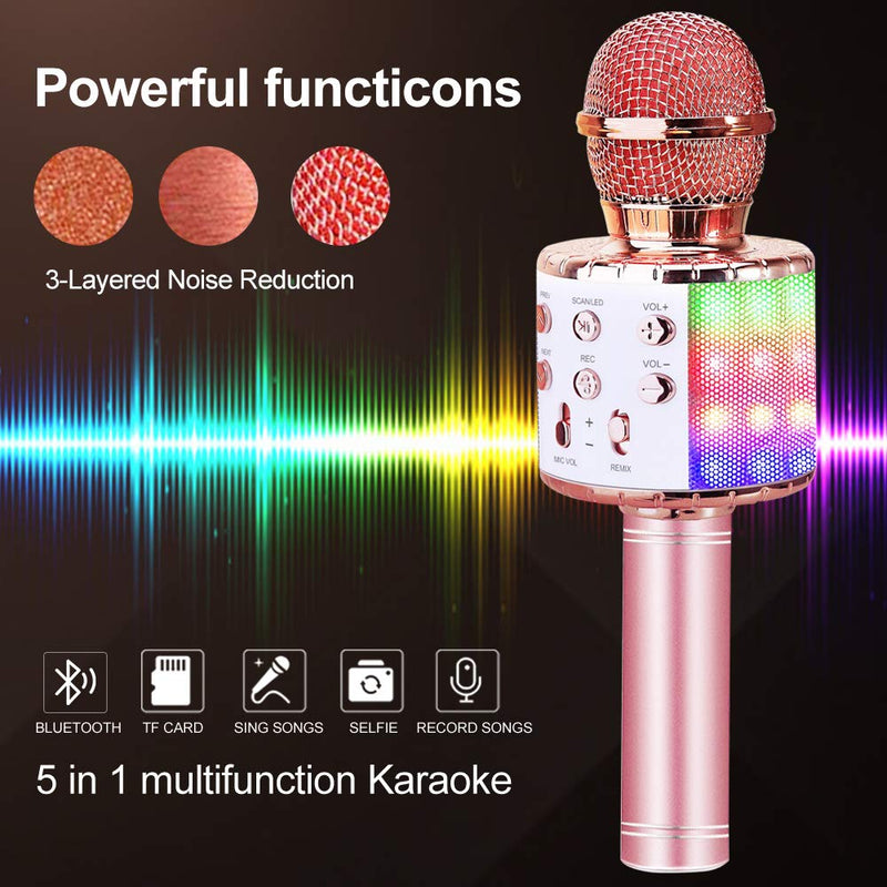 [AUSTRALIA] - ZMLM Wireless Bluetooth Karaoke Microphone with LED Light - 5 in 1 Portable Handheld Karaoke Speaker Microphone Machine Home KTV Player Music Recorder for Smartphone Birthday Home Party (Rose Gold) Rose Gold 