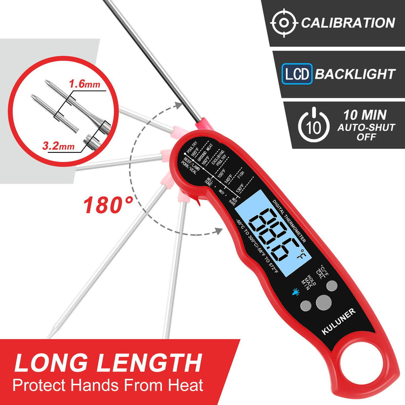 KULUNER TP-01 Waterproof Digital Instant Read Meat Thermometer with 4.6” Folding Probe Backlight & Calibration Function for Cooking Food Candy, BBQ Grill, Liquids,Beef（Red） Red
