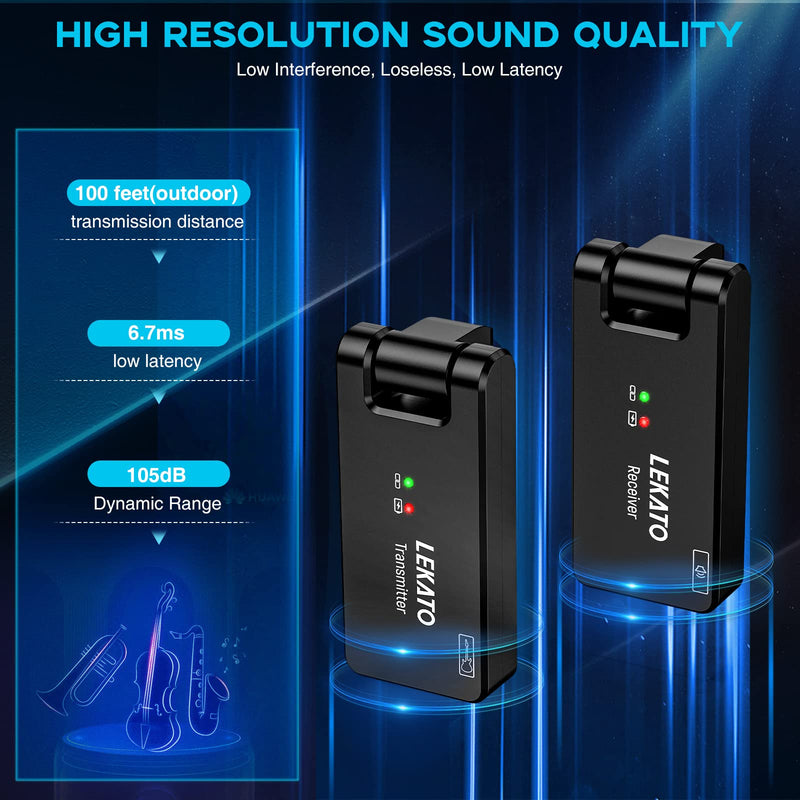 LEKATO WS-100 Wireless Guitar System with Charging Box, Rechargeable Wireless Guitar Transmitter Receiver 2.4Ghz Wireless Audio System for Electric Guitar Bass