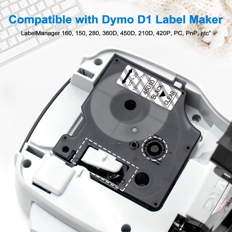 D1 Label 45010 Replacement for Dymo D1 Label Tape Refill 45010 S0720500, 1/2 in x 23 Ft Black on Clear Label Maker Tape for LabelManager 160 210D 260P 450D, 4 Packs Black on Clear-4p