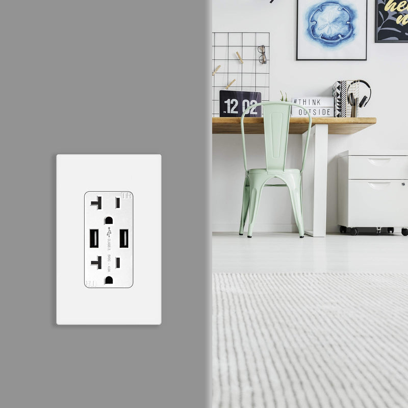 TOPGREENER USB Wall Outlet 4A USB Outlet, 20A TR Receptacle, Compatible with iPhone SE/11/XS/XR/X/8, Samsung Galaxy S20/S10/S9/Note, LG, HTC & More, TU2204A, White 20amp Type A