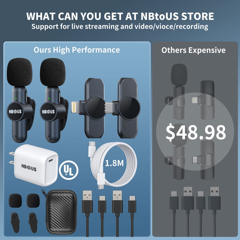 NBtoUS Wireless Lavalier Microphone for iPhone iPad Android (2 Mics and 2 Receivers) 65FT 6H Working Time，Plug-Play Low Latency Wireless Microphones for Video TikTok Facebook (20W PD3.0 Fast Charger 6.7*3.54*2.95inch with 20W charger