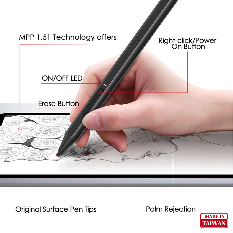 RENAISSER Stylus Pen for Surface, Made in Taiwan, USB-C Charging Cap, 1024 Pressure Levels for Surface, Palm Rejection, Magnetic Attachment to Surface, Rechargeable, Raphael 520D