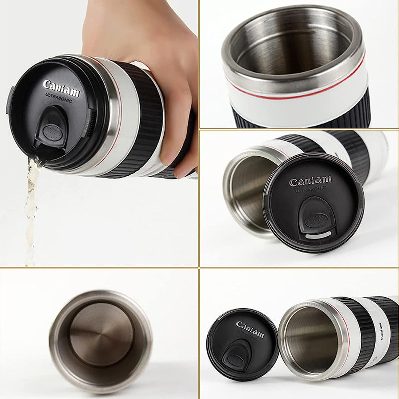 Sequpr Camera Lens Coffee Mug-14.8oz，Stainless Steel Camera Lens Cup，Camera Lens Mug for Photographers Men Women Birthday Gifts