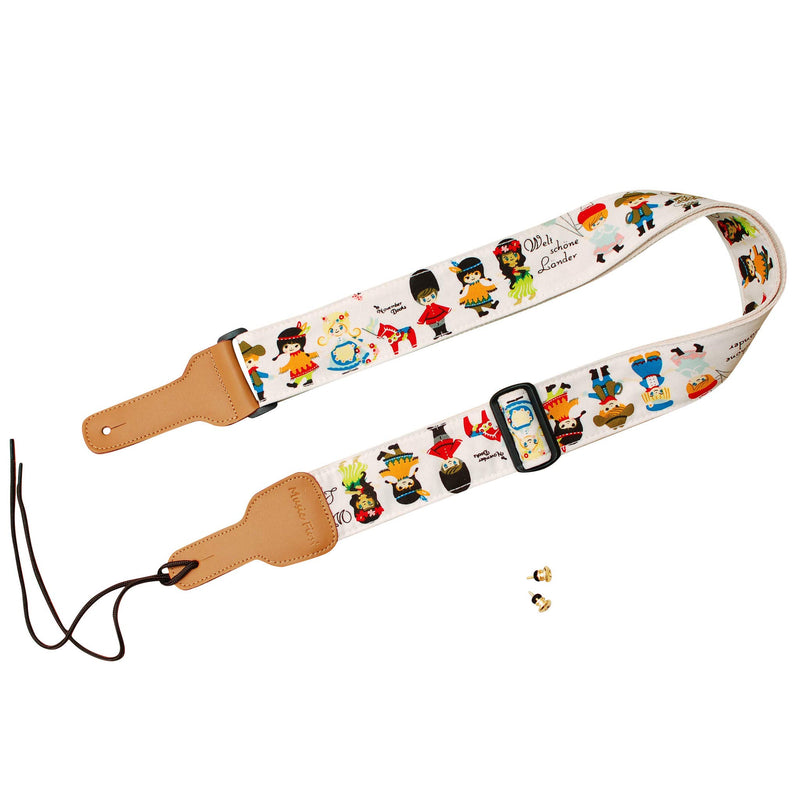 MUSIC FIRST Original Design, 2 inch width (5cm), Cute Cartoon Delux“What A Wonderful World” Soft Cotton & Genuine Leather Ukulele Strap, Guitar Strap, Mandolin Strap