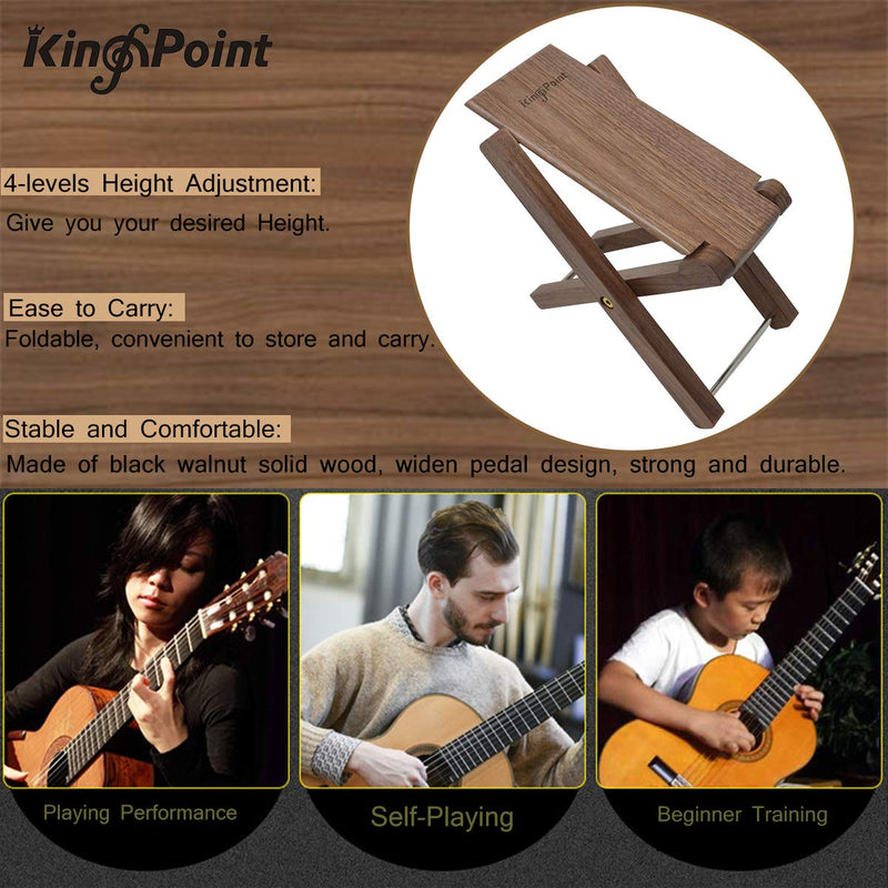 KingPoint Solid Wood Guitar Footstool 4 Adjusatble Height Levels Black Walnut Wood Guitar Footres Foldable (Black Walnut Footstool) Black Walnut Footstool