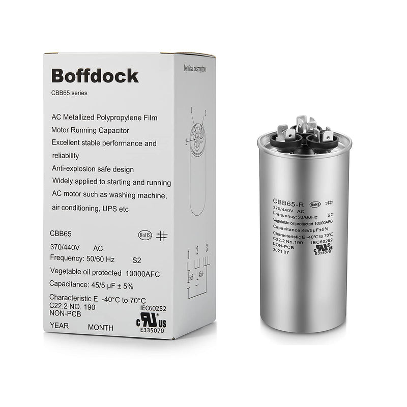 [AUSTRALIA] - Boffdock 45+5 MFD Capacitor ±5% 45/5 uF 370/440 VAC CBB65 Round Dual Run Capacitor for Air Conditioner,Heat Pump Condenser,Fan Start- 5 Years Warranty 45+5UF-370/440V 