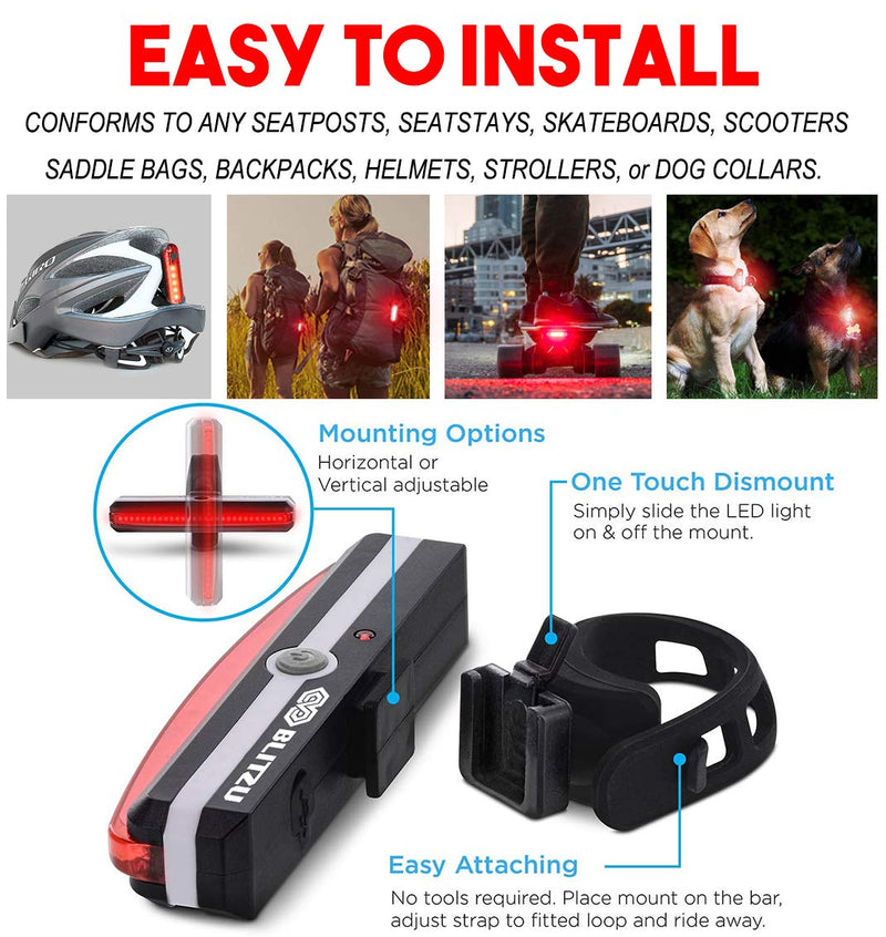 Ultra Bright Bike Light BLITZU Cyborg 168T USB Rechargeable Bicycle Tail Light. Red High Intensity Rear LED Accessories Fits On Any Road Bikes, Helmets. Easy To Install for Cycling Safety Flashlight