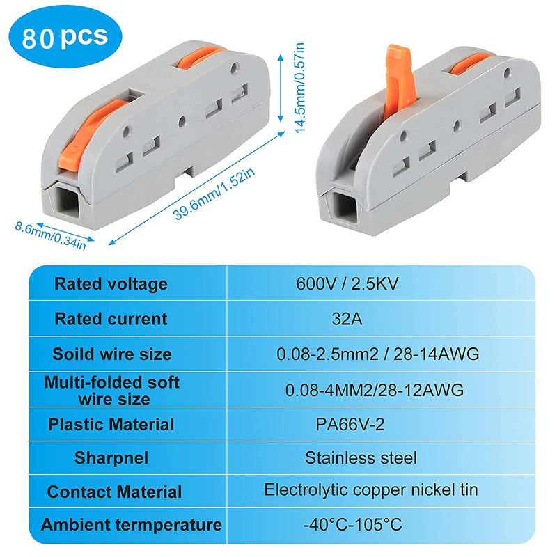 Lever Wire connectors,Idong 80PCS Compact Wire Conductor Connector, Push Terminal Block SPL-1 one-to-one Quick Splicing into 2/3/4/6 Way Butt Terminal Connectors 80