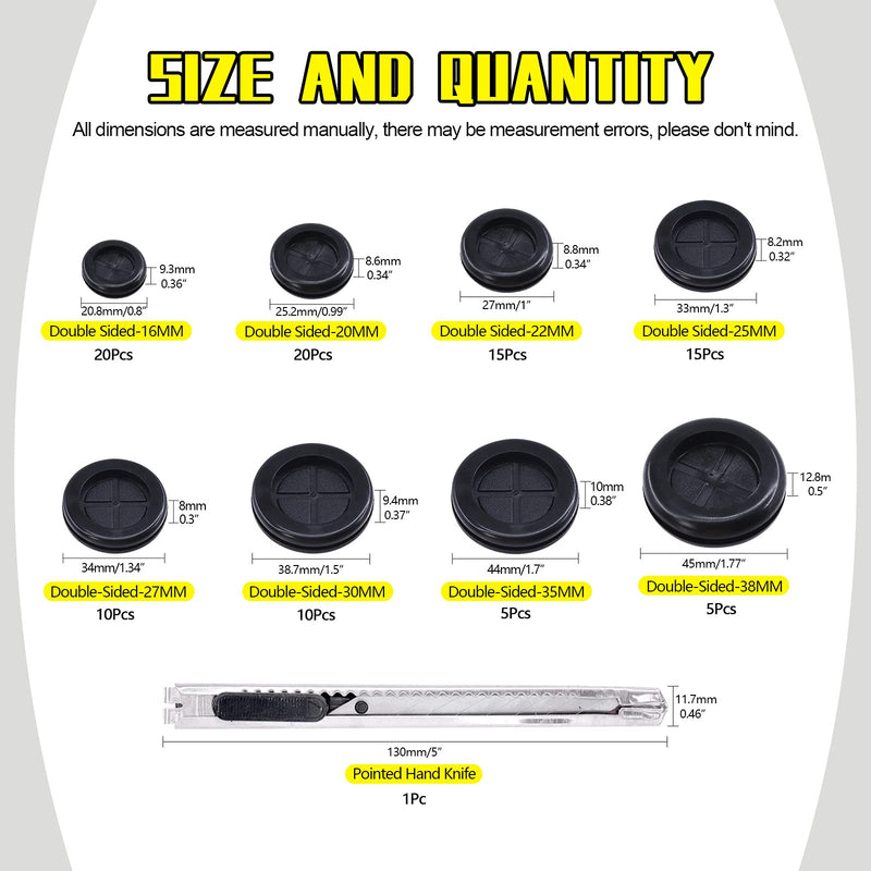 Mardatt 101 Pcs 8 Sizes Rubber Grommet Set, 16-38mm Double Sided Round Round Electrical Wire Gasket with Storage Box and Knife, Solid Ring Gasket Rubber for Cable Firewall Hole Plug Auto
