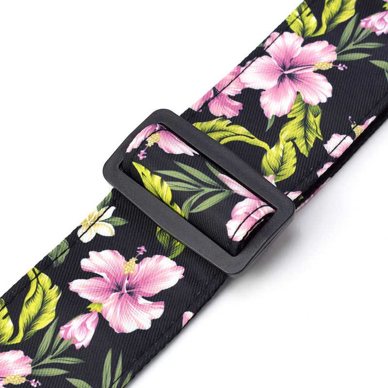 CLOUDMUSIC Guitar Strap Flowers Hibiscus For Acoustic Electric Bass(Pink Hibiscus In Black) Pink Hibiscus In Black