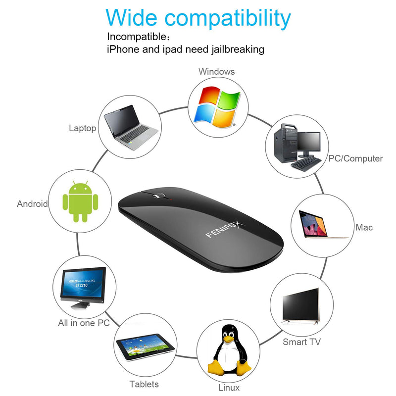 Bluetooth Mouse FENIFOX Slim Mini Whisper-Quiet Flat Portable Wireless Mice Rechargeable Compatible with Laptop,PC,Tablet Android Windows XP(Black) black