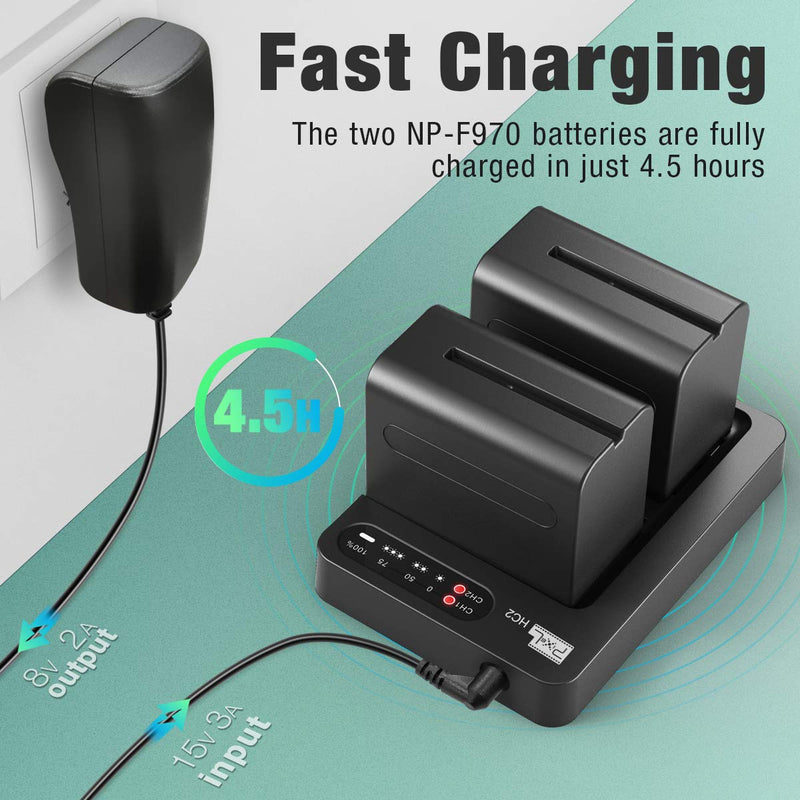 NP-F970 Battery and Charger, Pixel 2 Pack 8400mAh NP F970 Battery with 30W Dual Channel Charger for Sony NP F750, F550, F570 and Sony TR917, CCD-SC55, Fit for Pixel 60C Ring Light and K80 Video Light