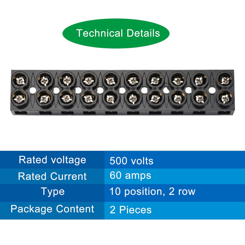 MECCANIXITY Terminal Block 500V 60A Dual Row 10 Positions Screw Electric Barrier Strip 2 Pcs