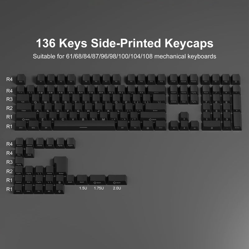 PBT Keycaps - Side Print Keycap Set, Double Shot Shine Through Custom Keycaps, Black Keycaps OEM Profile 136 Keys, Minimalist Style Phantom Keyboard Keycap for Mechanical Keyboards