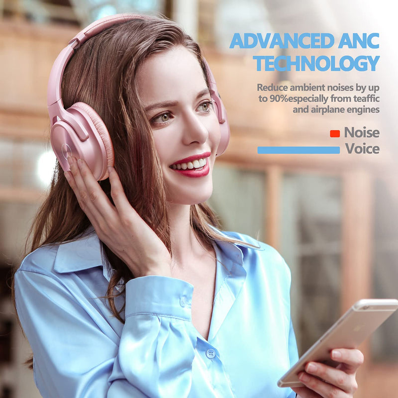 ZIHNIC Active Noise Cancelling Headphones, 40H Playtime Wireless Bluetooth Headset with Deep Bass Hi-Fi Stereo Sound,Comfortable Earpads for Travel/Home/Office (Rose Gold) rose