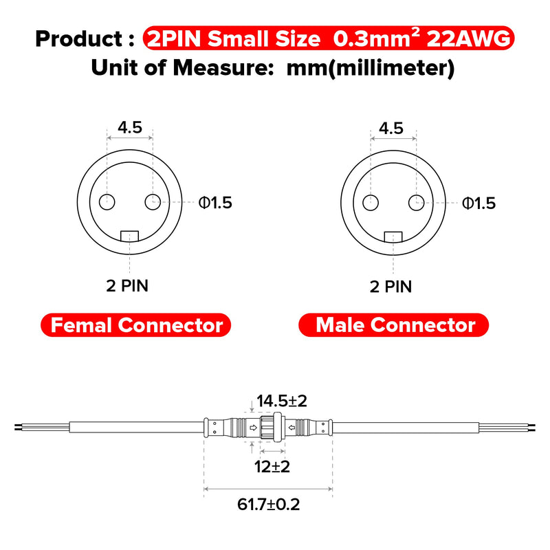 BTF-LIGHTING 5PCS 9.84ft 3meter 2 Pin 22AWG IP65 Extension Cable Wire with Male and Female Connectors at Both Ends for Single Color 5630 5730 5050 etc LED Strip 15mm nut Small Size 9.84ft Small Size