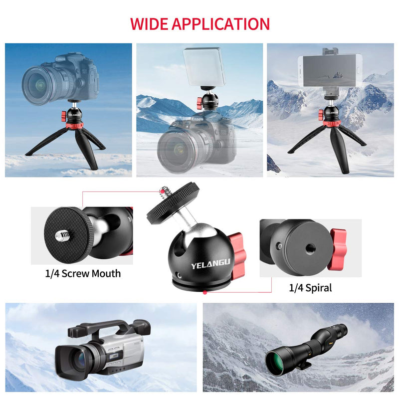 Portable Ball Head-YELANGU Mount Adapter:360 Degree Rotating Swivel with 1/4" Hotshoe , Mini Smartphone Selfie Stick Tripod for iPhone, DSLR Camera Max. Load 3KG
