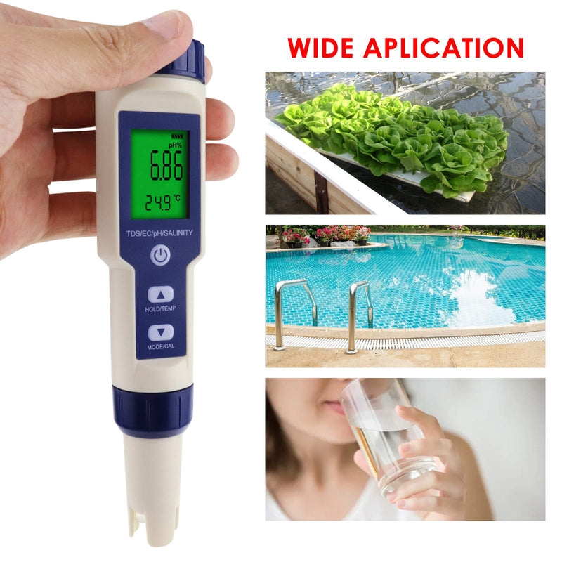 DANOPLUS 5 in 1 Digital pH Meter with TDS/EC/Salinity/Temperature Measurement Waterproof Highly Accurate Multi-Parameter Tester pH/TDS/EC/Temp/Salinity