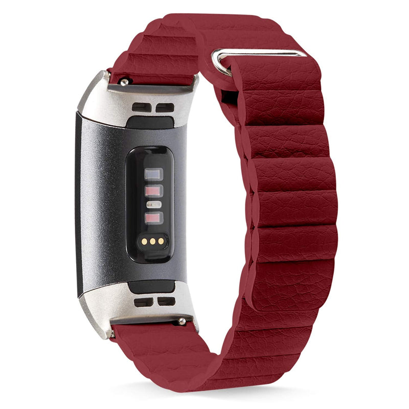 SHANGPULE Compatible for Fitbit Charge 4 / Fitbit Charge 3 / Fitbit Charge 3 SE Bands, Genuine Leather Loop Band with Unique Magnetic Replacement Wristbands Strap for Women Men Small Large (Red) Red