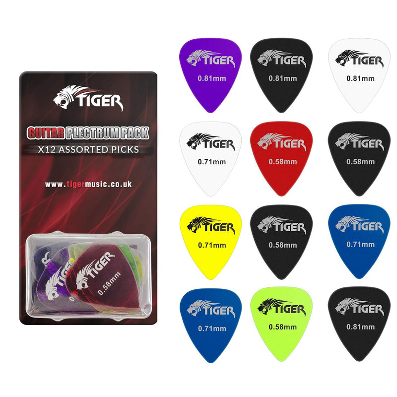 Tiger Music GAC65-12 Gel Guitar Plectrums - 12 Gel Guitar Picks, 4 Each of 0.58mm, 0.71mm, 0.81mm Gauges + Tiger Guitar Strap with Plectrum Holders - Black