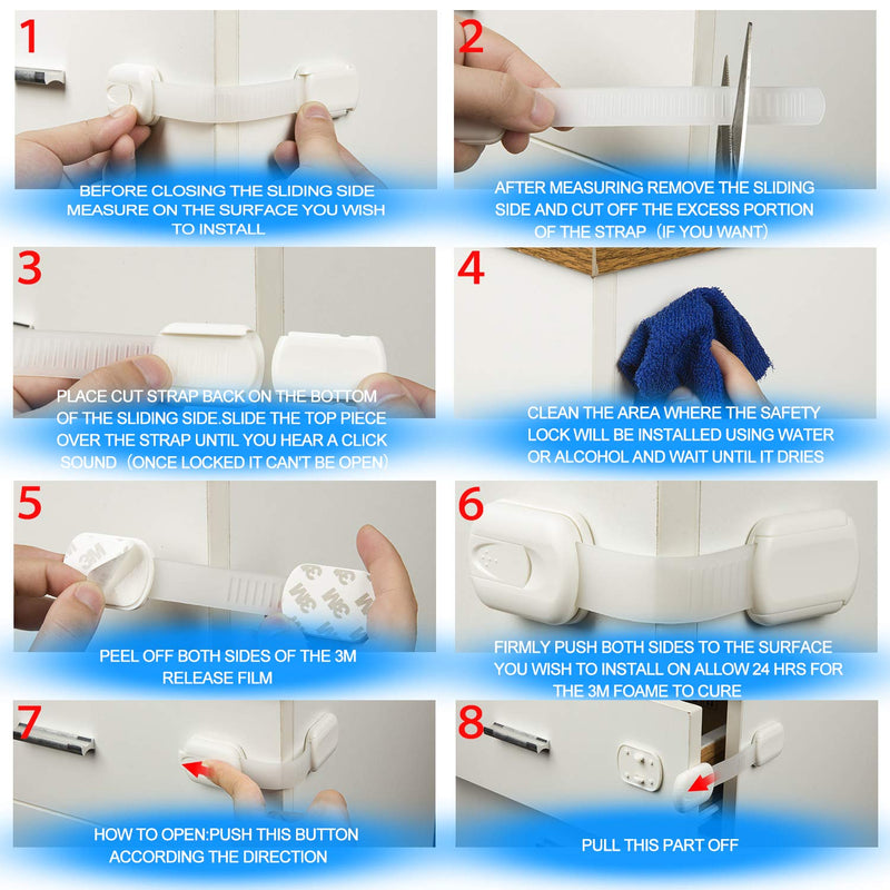Child Safety Cabinet Locks - (10 Pack) Baby Proofing Latches to Drawer Door Fridge Oven Toilet Seat Kitchen Cupboard Appliance Trash Can with 3M Adhesive - Adjustable Strap No Drill No Tool White