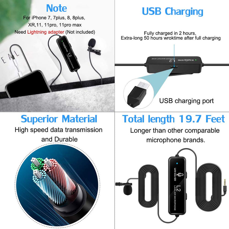 FULAIM Professional Lavalier Microphone with Noise Reduction for iPhone, Camera, PC, Android, Camcorder, Omnidirectional Condenser Lapel Mic with USB Charging for Video, YouTube, Interview, Vlogging