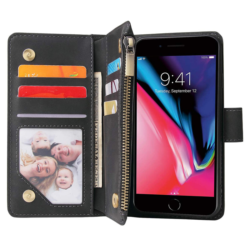 CHICASE Wallet Case for iPhone 6,iPhone 6s Case,Leather Handbag Zipper Pocket Card Holder Slots Wrist Strap Flip Protective Phone Cover for Apple iPhone 6/6S(Black) Black