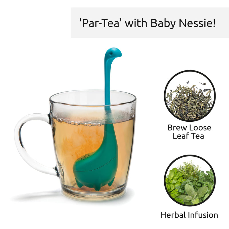 OTOTO Baby Nessie Loose Leaf Tea Infuser (Turquoise) - Dinosaur Tea Infuser Strainer with Steeping Spoon - Long Handle Neck, Cute Ball Body Lake Monster Silicone Tea Infuser for Loose Leaf Herbal Tea Turquoise