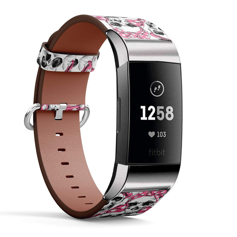 Compatible with Fitbit Charge 4 / Charge 3 / Charge 3 SE - Leather Watch Wrist Band Strap Bracelet with Stainless Steel Adapters (Skull Pink)