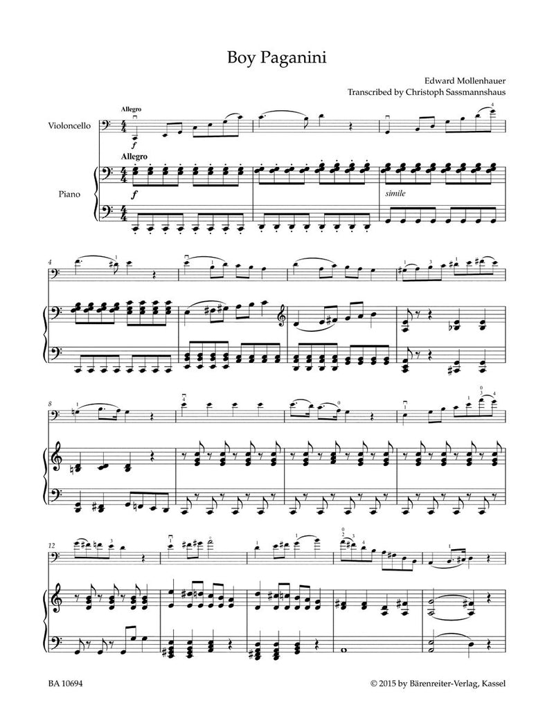 Mollenhauer, Edward - The Boy Paganini Fantasia for Cello and Piano - Barenreiter