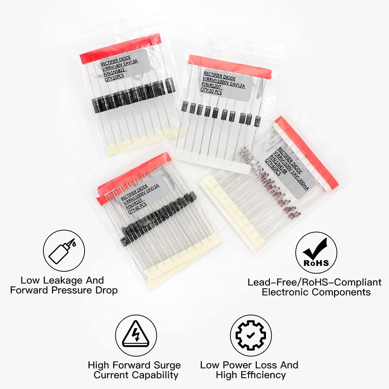 14 Value 350 Pcs Diode Kit, Rectifier/Fast Recovery/Switching/Schottky Assortment Diodes Kit, 1N4001 1N4004 1N4007 1N4148 1N5404 1N5406 1N5408 RL207 FR107 FR207 UF4007 1N5817 1N5819 1N5822