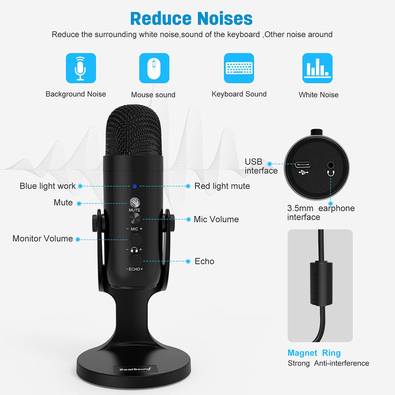 ZealSound PC Microphone, USB Condenser Gaming Mic with Steel Shock Mount for Podcasting, Live Streaming Recording Zoom ASMR for iMac Laptop Computer Windows PC Desktop