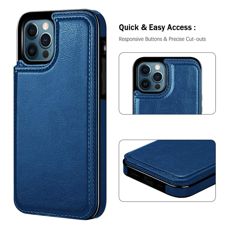 iPhone 12 Pro Case Wallet 3 Credit Cards Slot iPhone 12 Cases Cash Pocket Magnetic Closure PU Leather Cover ID Card Holder Soft TPU Bumper Folio Flip Phone Case for iPhone 12/12 Pro 6.1'' Blue