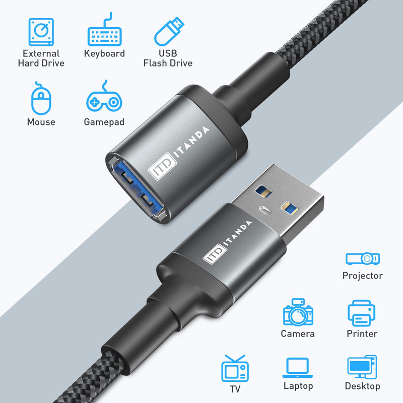 ITD ITANDA 10FT USB Extension Cable USB 3.0 Extension Cord Type A Male to Female5Gbps Data Transfer for Keyboard, Mouse, Playstation, Xbox, Flash Drive, Printer, Camera and More Grey