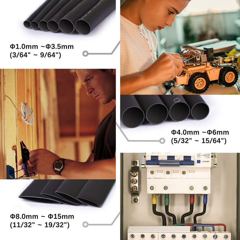 Heat Shrink Tubing Kit,14 Sizes Black Heat Shrink Tube, Shrink Ratio 2:1 Electrical Shrink Tubing Wire Large Wrap Industrial Shrink Tubes Assortment for Wires Repairs, Soldering, Automotive Wiring Multiple Sizes 1 - Black