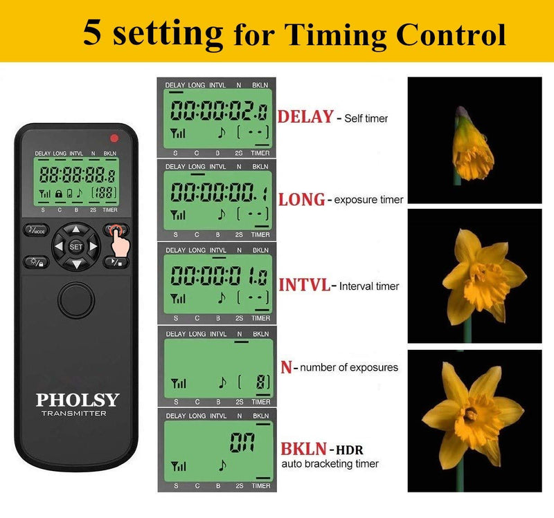 PHOLSY Wireless Timer Remote Control with Intervalometer HDR Compatible with Canon EOS R RP R6 R5 90D 250D 850D 5D 6D-II 7D 7D-II 10D; for Olympus EM1X EM1-II EM5-III; for Fuji GFX100 XT3 XT4 XT30 Compatible with Canon / Fuji / Olympus