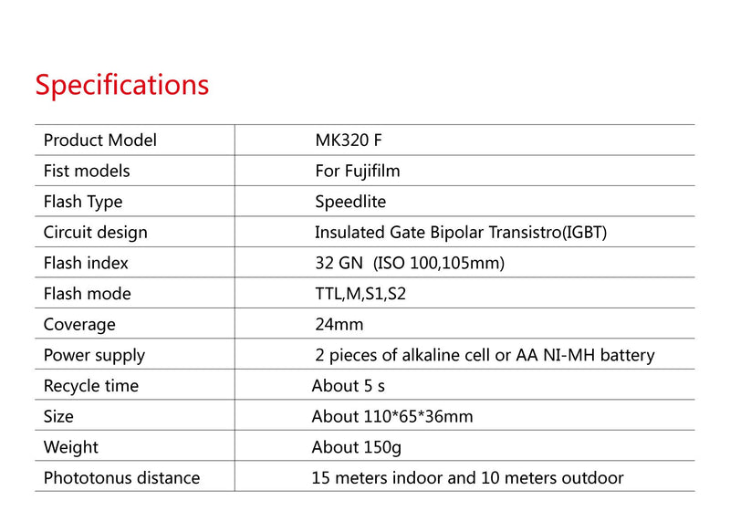 MEIKE MK-320F Speedlite TTL Master Flash for Fujifilm Camera X-M1 X-T1 X-Pro1 X-A1 X-A2 X-E1 X-E2 X30 X100T X100S S1 SL1000 etc