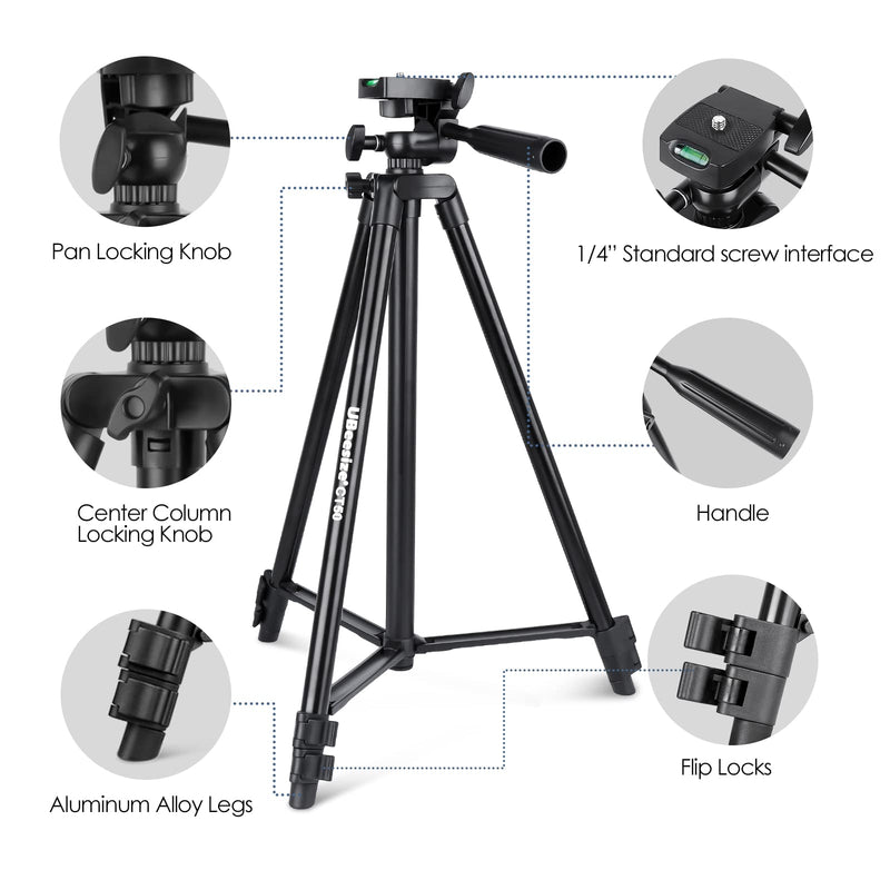 UBeesize 50-inch Lightweight Tripod for Cameras and Cell Phones, Aluminum Travel Tripod with Adjustable Phone Mount for iPhone and Android