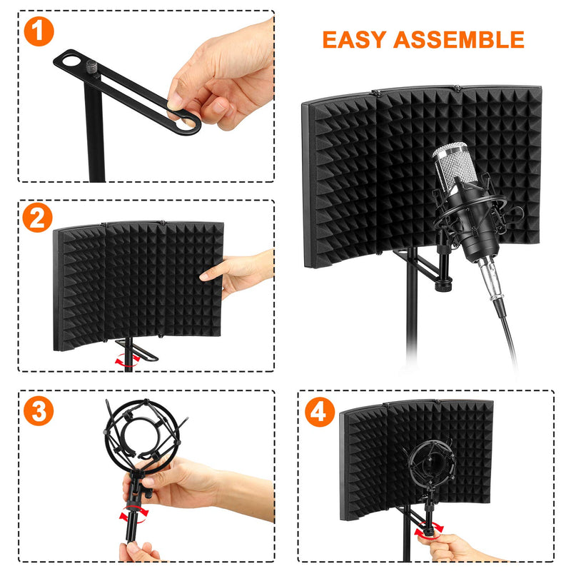 Microphone Isolation Shield, AGPtEK Studio Mic Sound Absorbing Foam Reflector Folding Panel for Recording Equipment Studio, for Stand Mount or Table Top Foldable, Adjustable & Durable (Large)