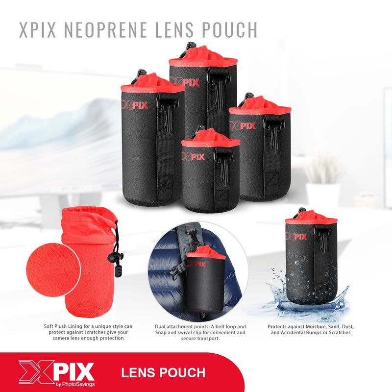 Xpix Deluxe Protector Neoprene DSLR Lens Pouch Kit (4 Pack) for Canon, Nikon, Pentax, Sony, Olympus, Panasonic, and More with Small, Medium, Large, Extra Large Pouches & Fibertique Cloth