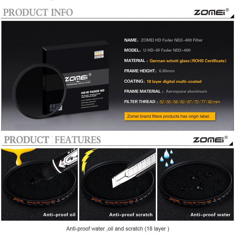 Zomei 58mm HD Ultra Slim 18 Layer Super Multi-Coated ND2-ND400 Fader Variable Neutral Density Lens Filter Adjustable ND Filter German Schott Optical Glass