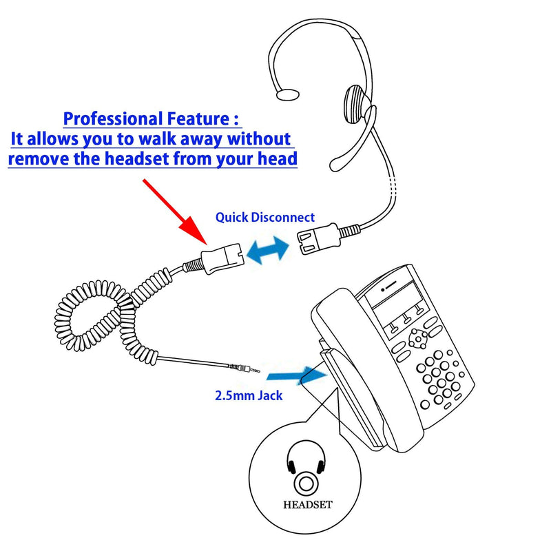 Monaural Phone Headset with Tube mic for Panasonic, att, Vtech, Uniden, Grandstream Compatible with Plantronics QD 2.5 mm Phone Headset Corded for Call Center